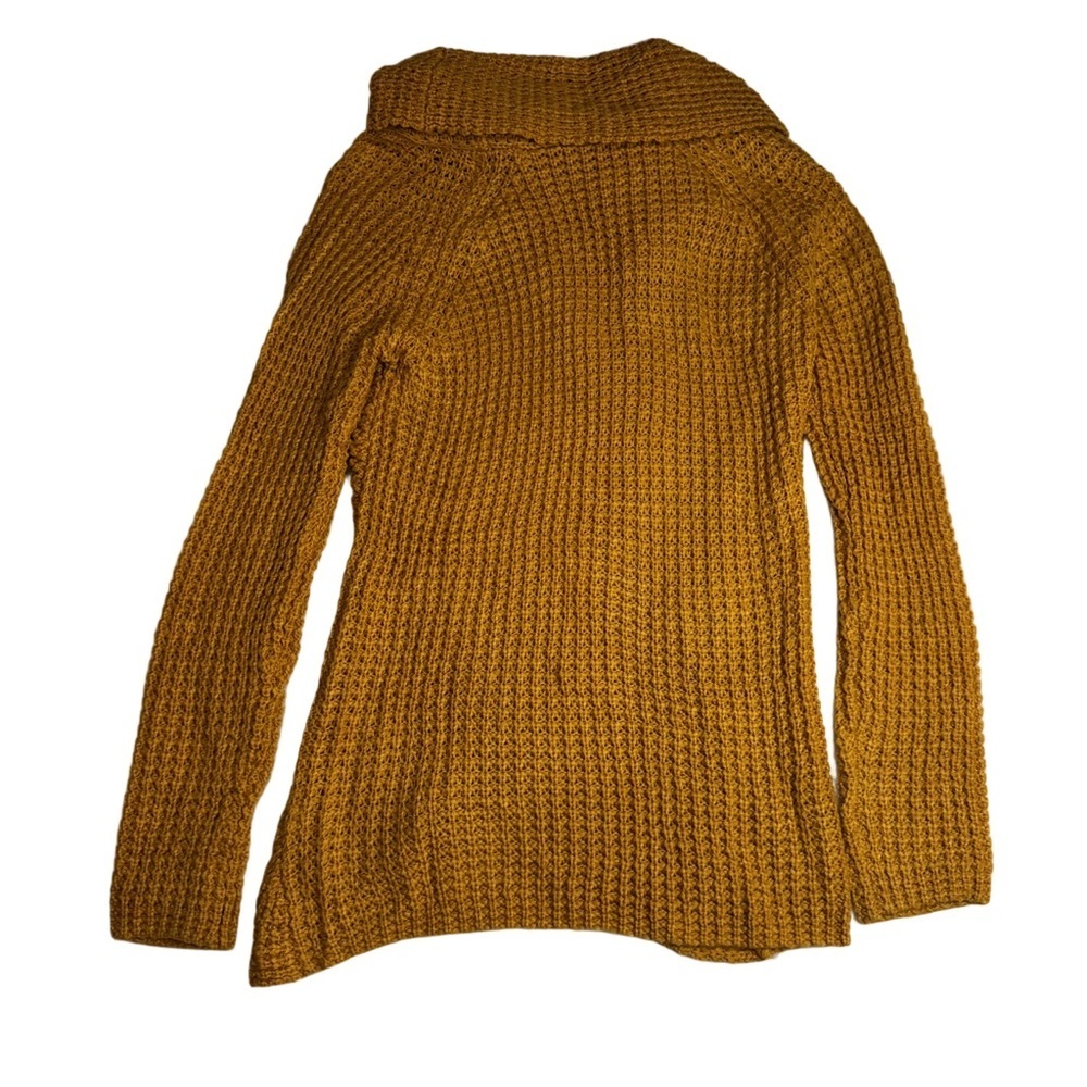 Mustard Yellow Turtle Cowl Neck Chunky Knit Sweater Size Small Asymmetrical Hem - Picture 4 of 10